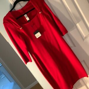 St. John deep ruby red wool blend dress. NWT. 3/4 sleeve. Back zip. Size 4